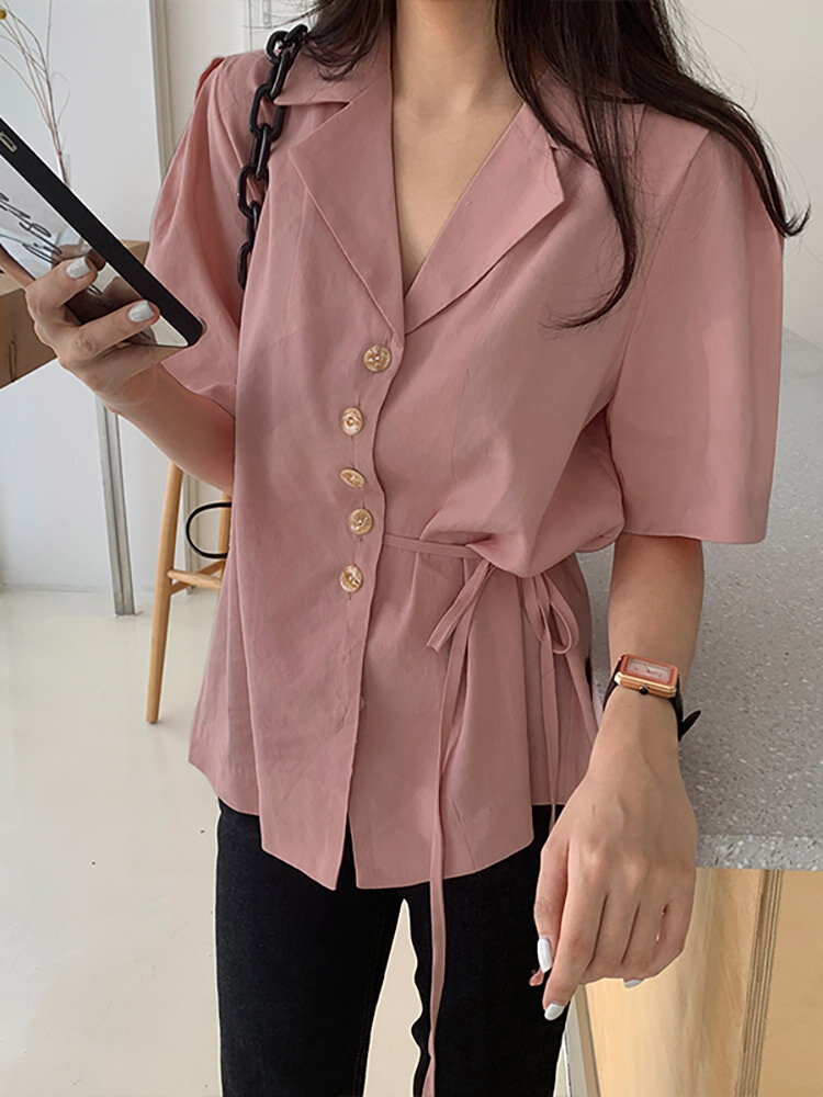 Solid Button Tie-Up Lapel Short Sleeve Casual Cotton Blouse