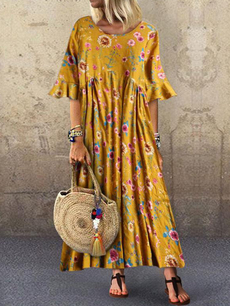 Halflange mouw O-hals geplooide bloemenprint Vintage maxi-jurk