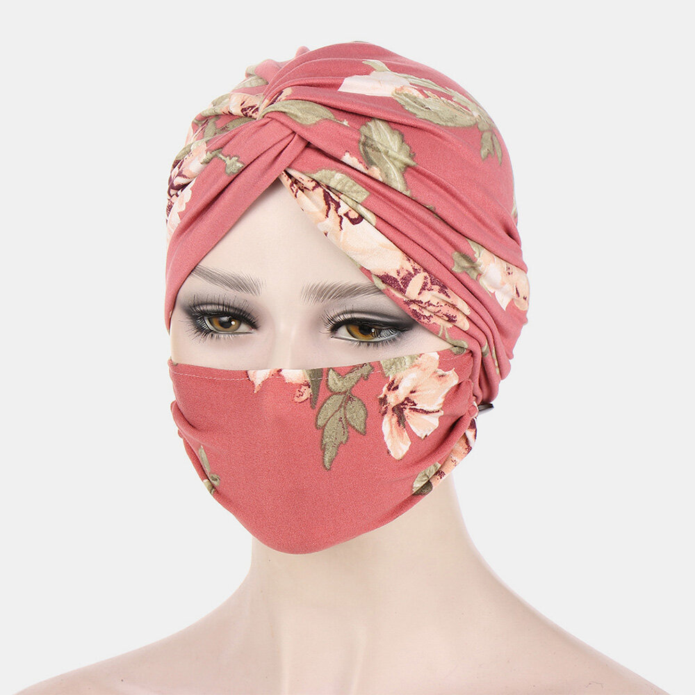 Women Knotted Beanie Hat Mask Set Polyester Floral Leaves Tie-dye Leopard Pattern Print Anti-strangl