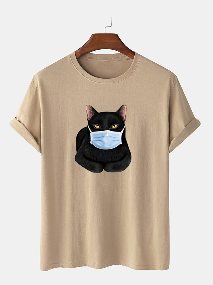 Fashion Cartoon Cat Mask Printing Short Sleeve O-Neck T-shirts