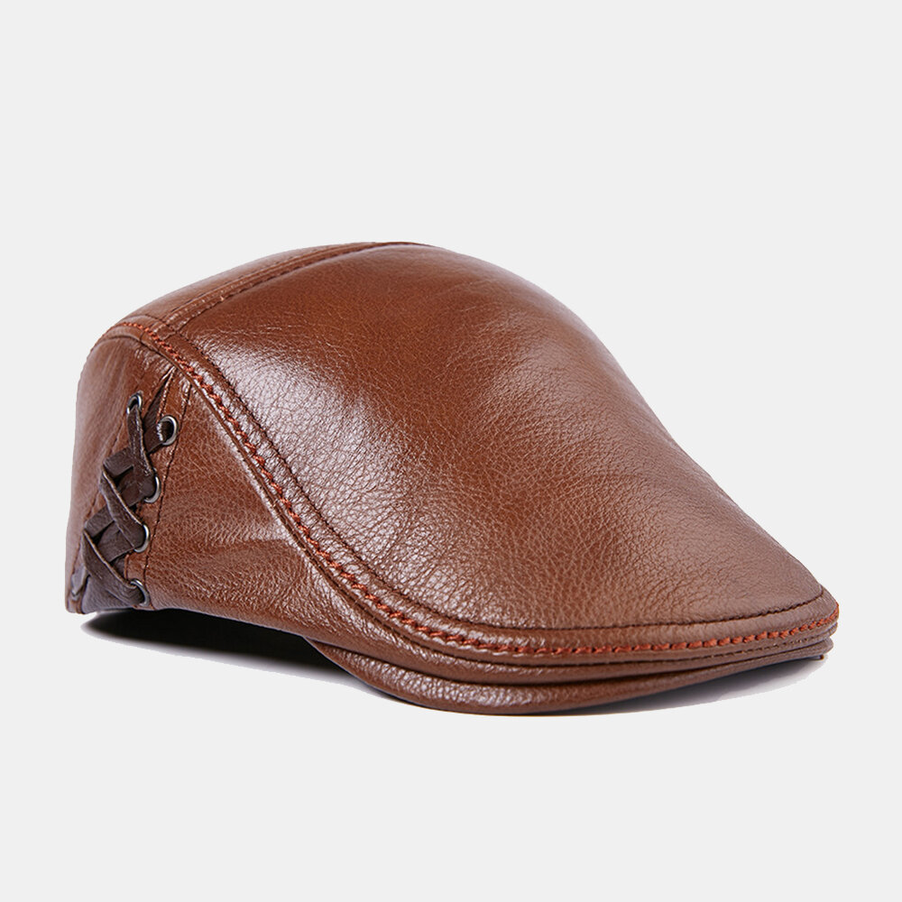 Mens Winter Warm Adjustable Genuine Leather Beret Caps Windproof Outdoor Top Layer Leather Trucker Caps Hats