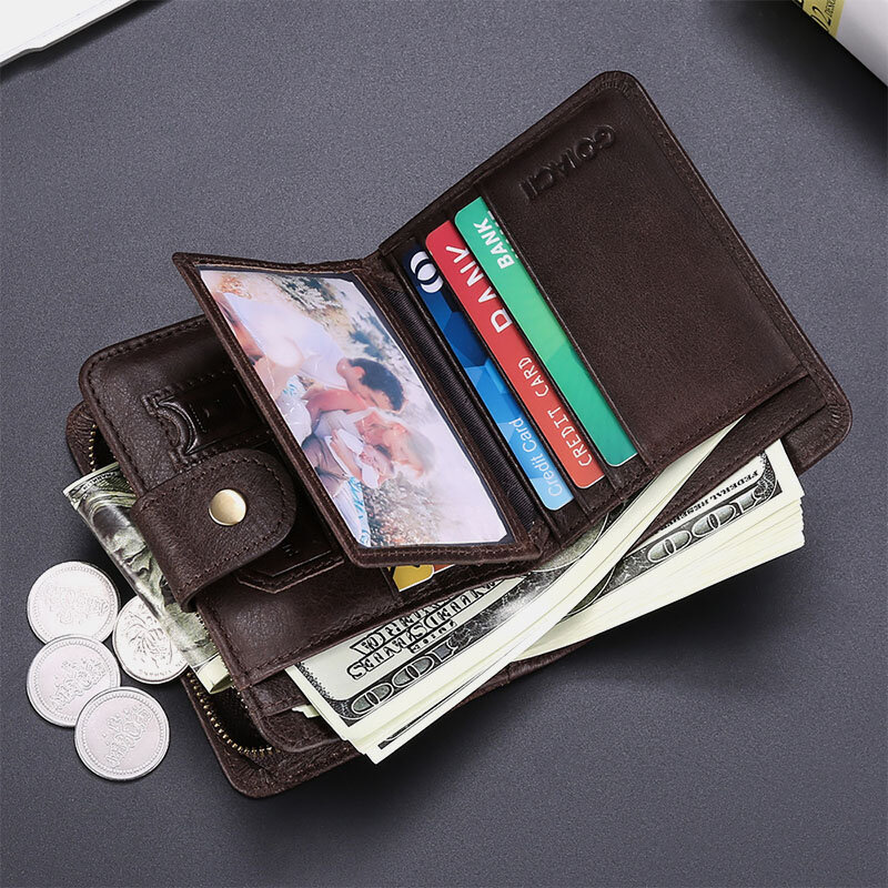 

Men Genuine Leather Multifunction Vintage Multi-Card Slots RFID Anti-Theft Card Holder Money Clips Coin Wallet