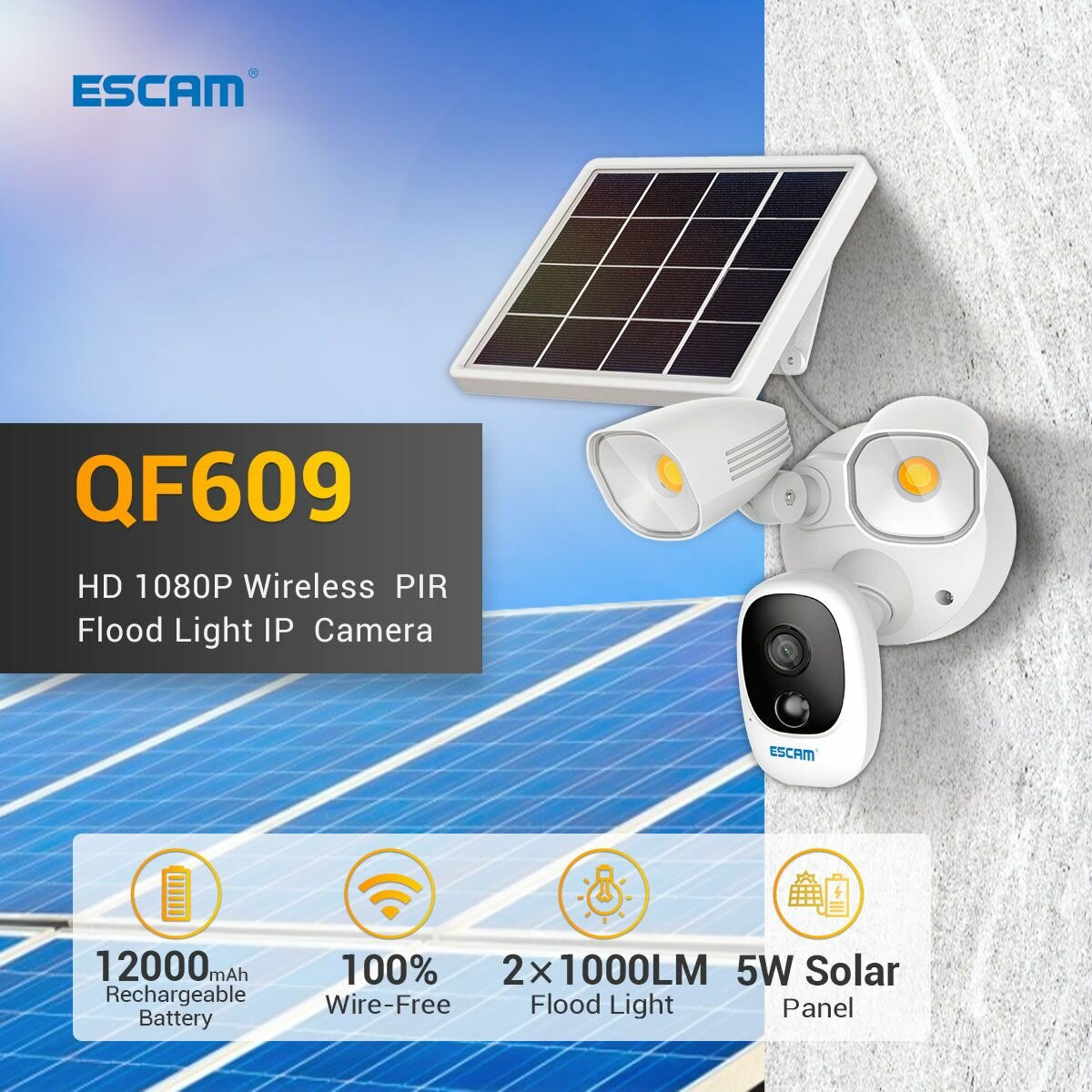 

ESCAM QF609 Solar Powered Floodlight 1080P Wireless Battery 1000LM Floodlight Cloud Storage Camera With 12000mAh Recharg
