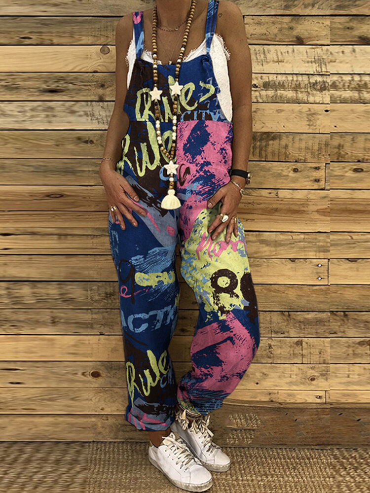 Kleurcontrast print mouwloze bandjes zak katoenen jumpsuit voor dames
