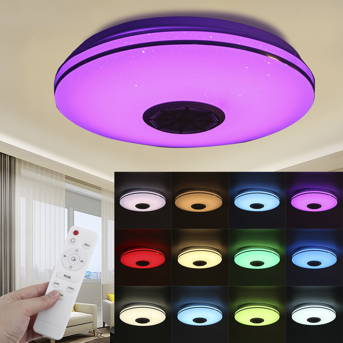 34cm bluetooth WIFI APP LED Ceiling Light RGB Music Speaker Dimmable Bedroom Lamp + Remote Control 110-245V