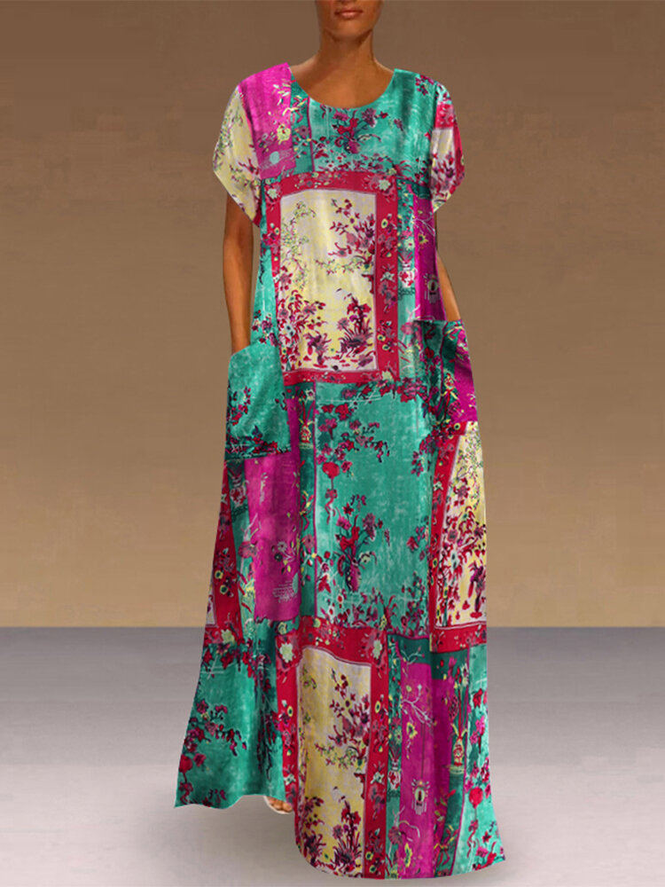 Women Abstract Print Short Sleeve Vintage Maxi Dress