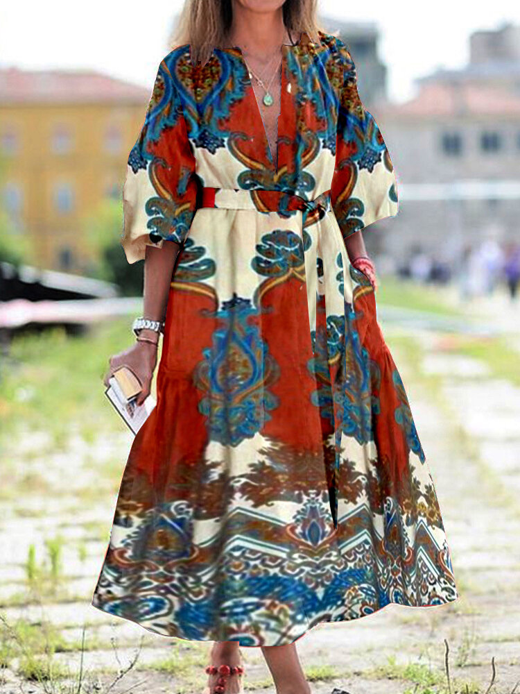 

Women Ethnic Print Plunge Half Sleeve Gypsy Bohemian Maxi Dresses With Belt