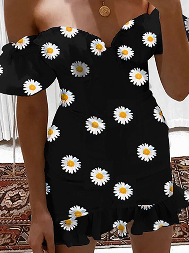 Chic Daisy Print Off Shoulder Short Sleeve Casual Mini Dress