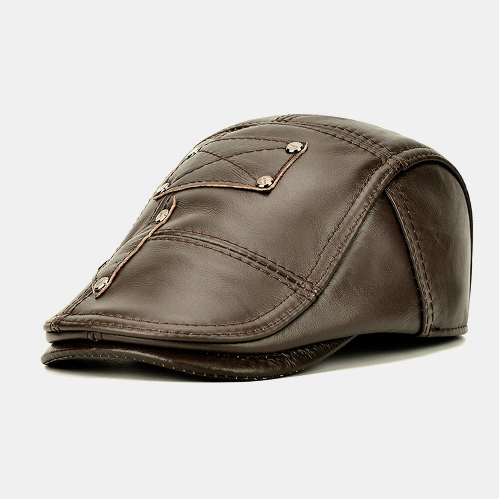 

Men Genuine Leather Rivet Decoration Plus Velvet Keep Warm Ear Protected Casual Beret Hat