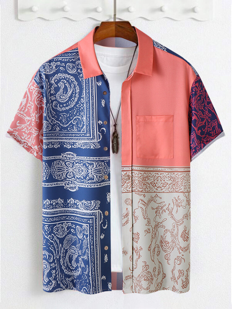 

Mens Ethnic Vintage Floral Print Color Block Short Sleeve Shirts