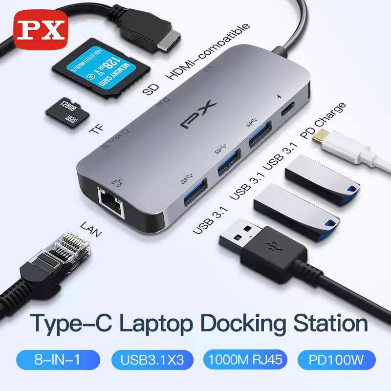 

PX 8-in-1 USB-C HUB Docking Station Adapter with 100W USB-C PD3.0 Power Delivery/4K HD Display Port/J45 Gigabit Ethernet