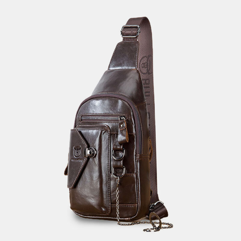BULLCAPTIAN Men Multi-pocket Soft Leather Chest Bag Vintage Mobile Phone Holder Chain...