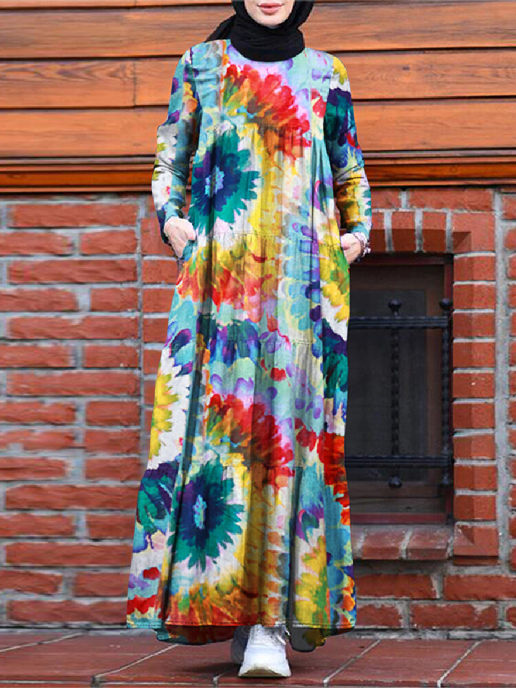 Vintage bloemenprint Tie Dye contrasterende kleur Kaftan tuniek A-lijn gelaagde moslimjurk