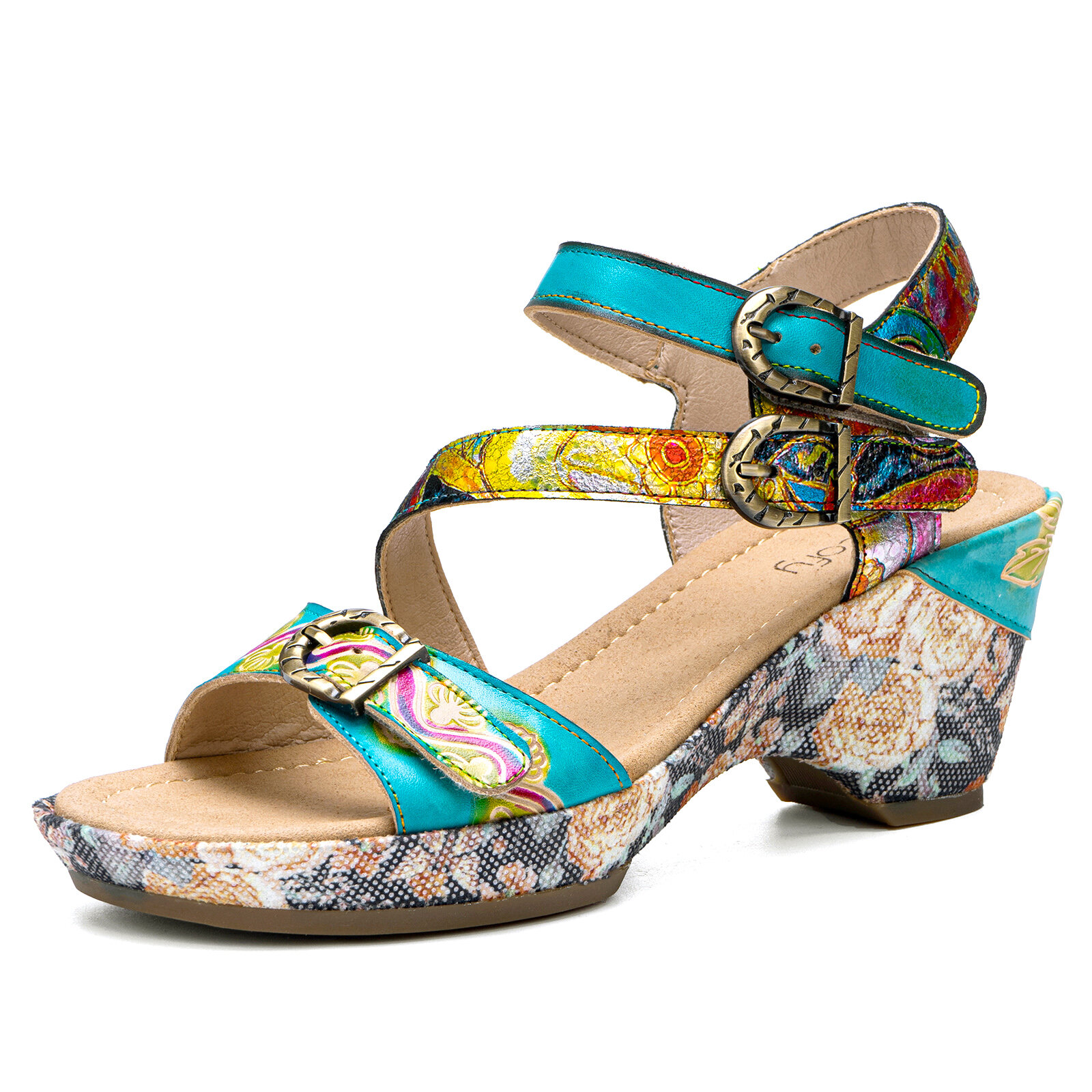 Socofy Genuine Leather Casual Bohemian Ethnic Floral Print Colorblock Comfy Heeled Stripe Sandals