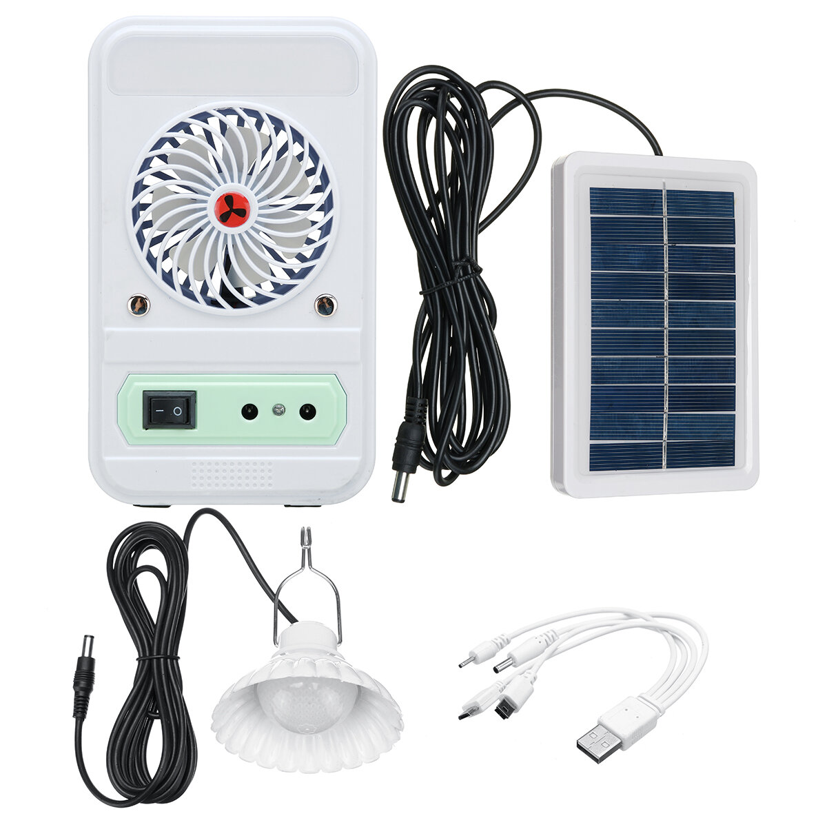 4-in-1 750LM Camping Light Solar Power Panel Cooling Fan EDC Power Bank Emergency Lamp Outdoor Travel