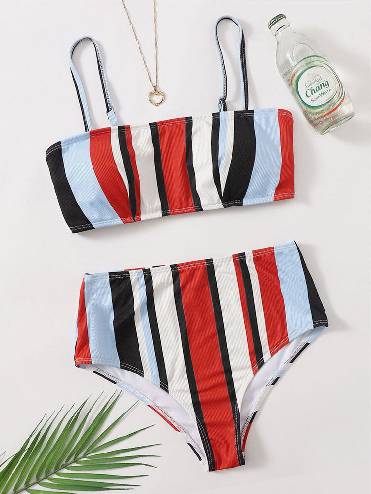 

Women Rib Colorful Stripe Spaghetti Straps High Waisted Bikinis Swimsuit