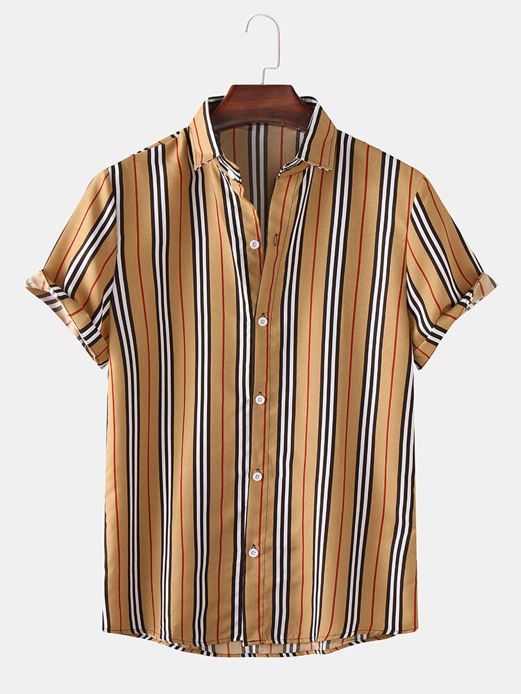 Heren Vintage gestreepte ademende casual shirts met korte mouwen