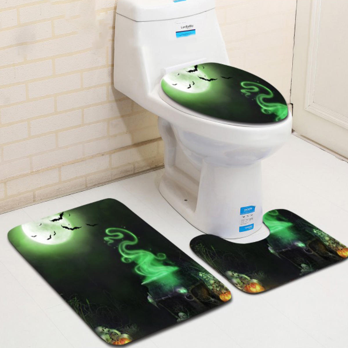 3pcs Halloween Print Bathroom Non Slip Pedestal U Shape Rug Lid Toilet Seat Covers Bath Mat