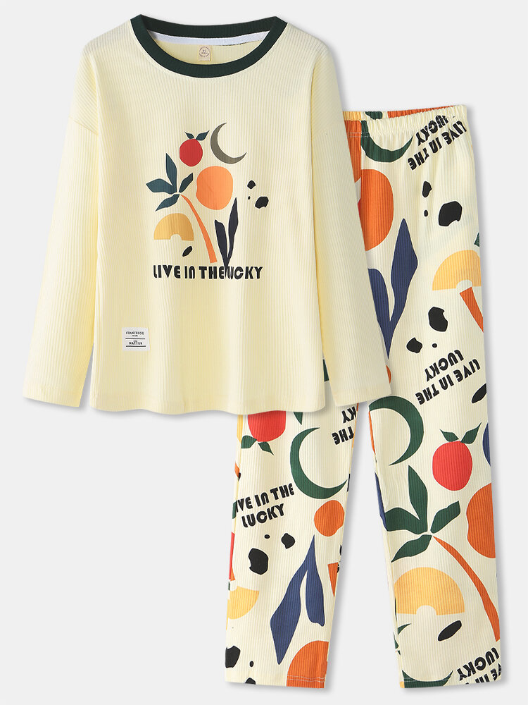 Dames Graphics Letter Print Rib Pullover Elastische Taille Pocket Home Pyjama Set