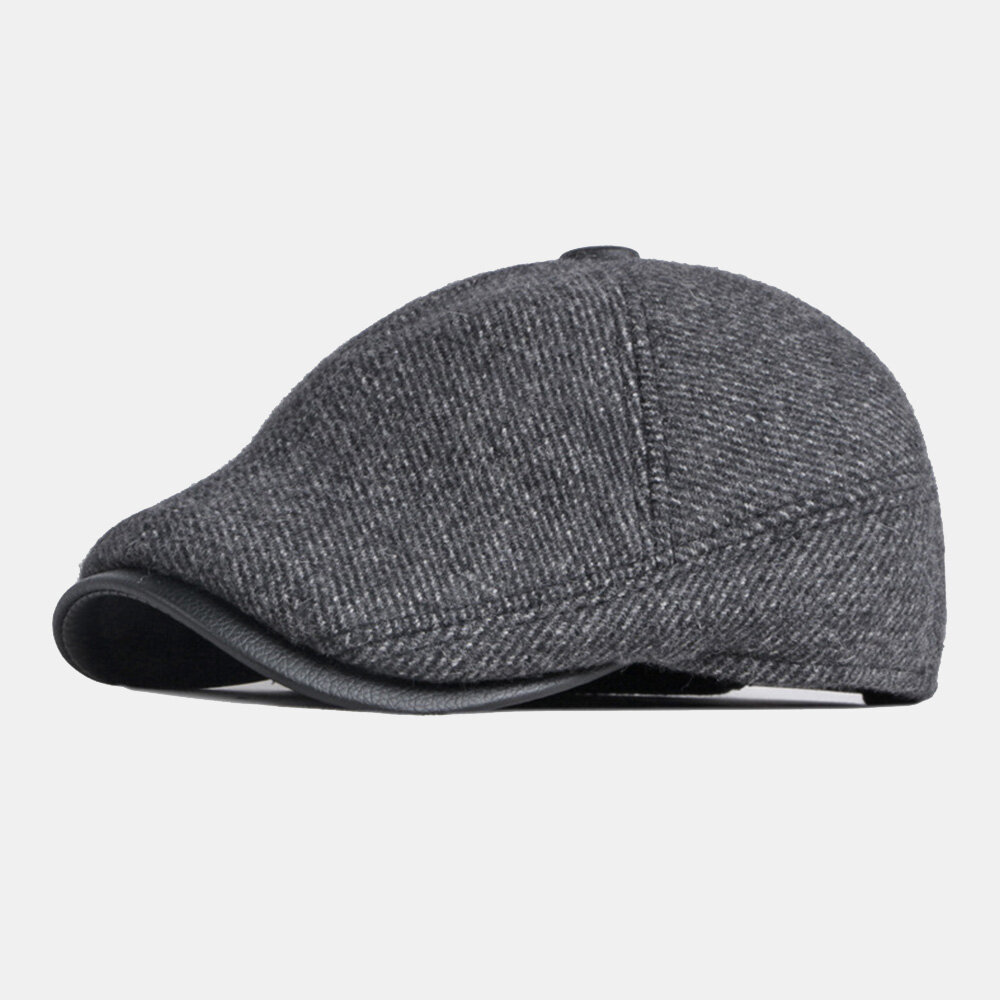 

Men Winter Warm Ear Protection Woolen Beret Cap British Retro Short Brim Adjustable Forward Hat Painter Cap