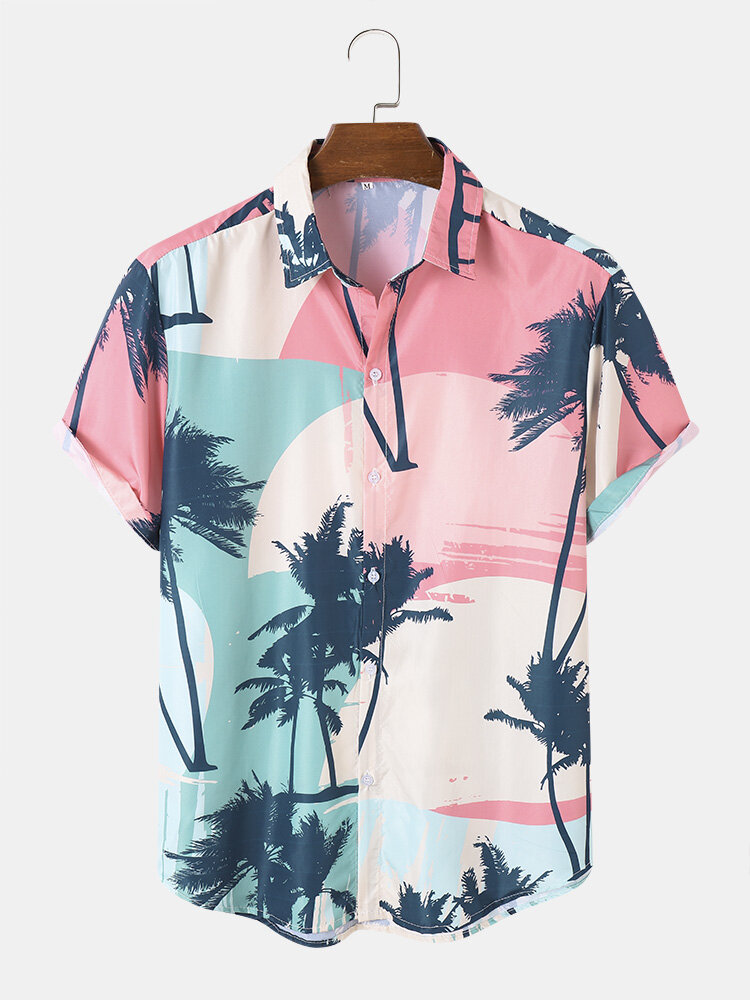 Men Coconut Tree Print Short Sleeve Soft Breathable Shirts