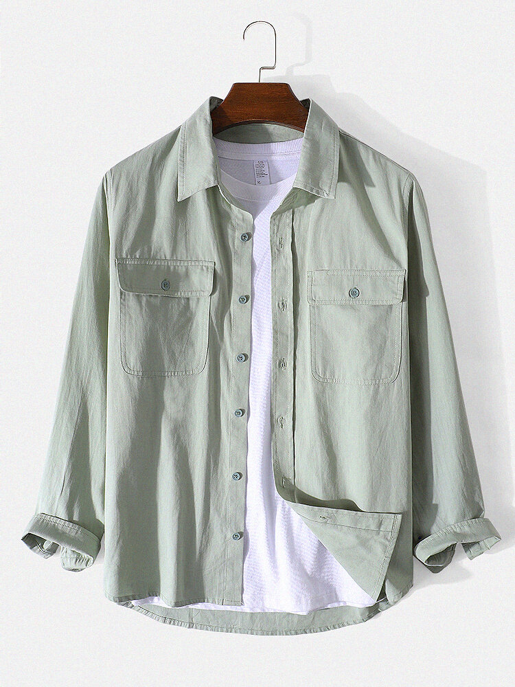 

Mens 100% Cotton Lapel Button Up Green Overshirt Casual Shirts