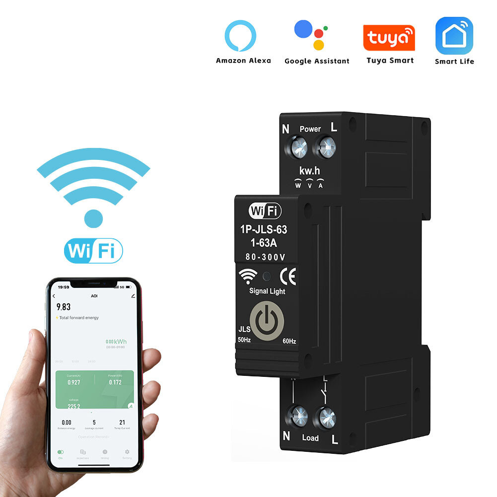 

Tuya WiFi Intelligent Circuit Breaker 1P 63A Energy Monitor Real-time Tracking Energy Consumption with Alexa Google Assi