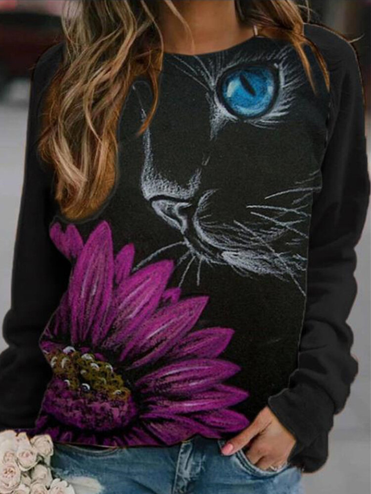 

Women Design Cat Flower Print Pullover Long Slevee Cute Sweatshirts
