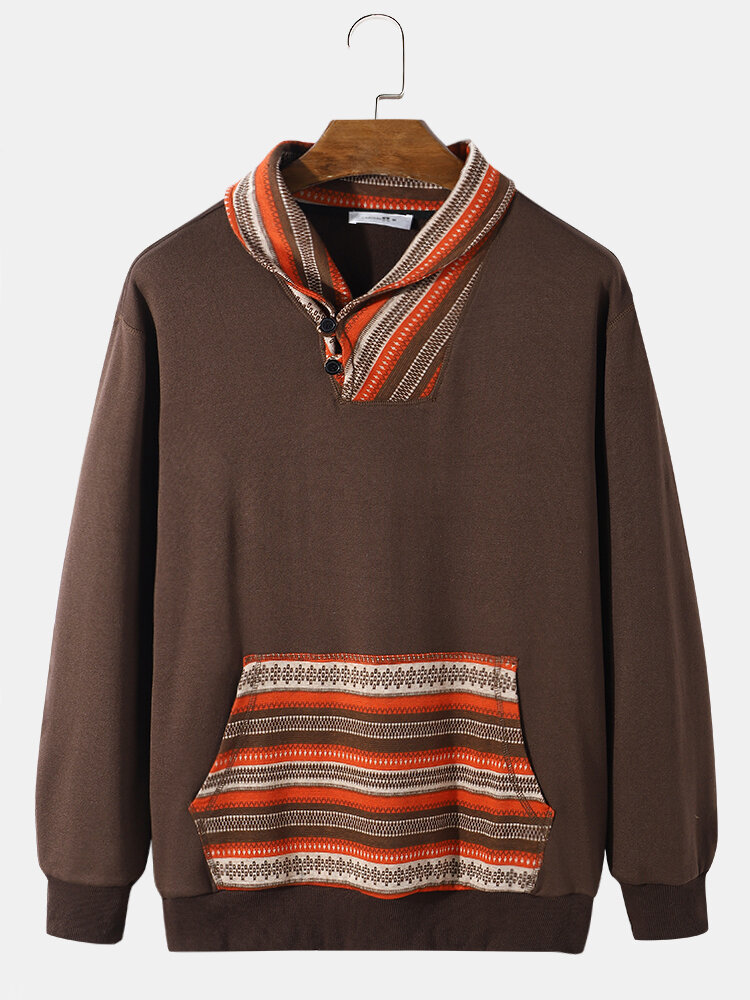 

Men Splicing Ethnic Style Button Collar Kangaroo Pocket Pullover Sweatshirt