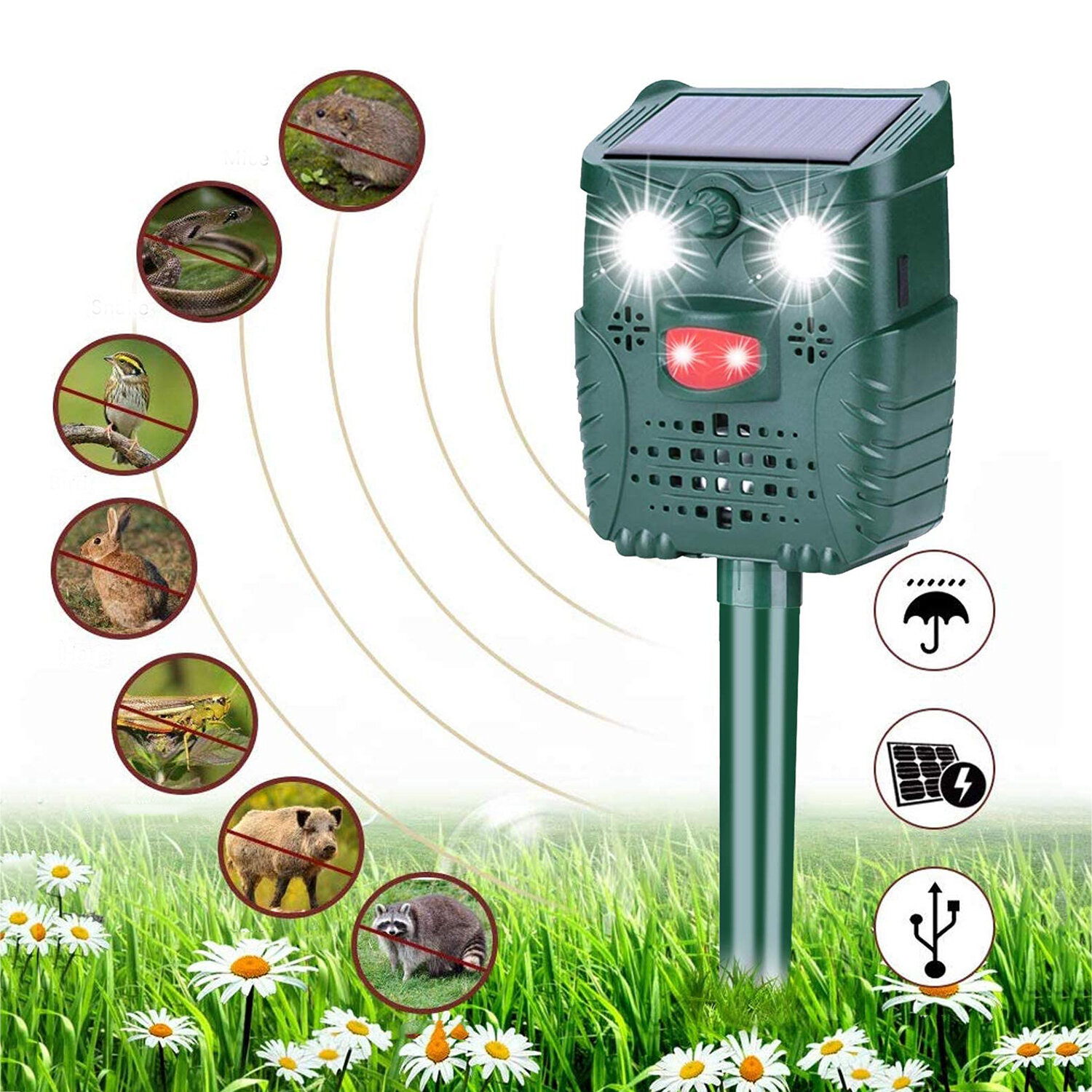  WH528 Outdoor Solar Ultrasonic Animal Repeller Pest Control Bats Birds Dogs Cats Repeller with Flashing Light