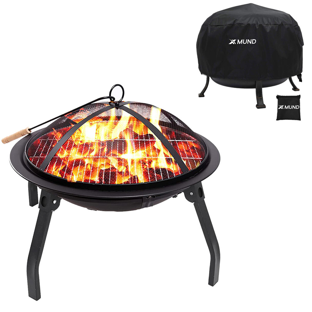 22inch Fire Pit Wood Burning Steel Firepits with Adjustable Protector Cover For Outdoor Camping Picnic Garden Yard  BBQ