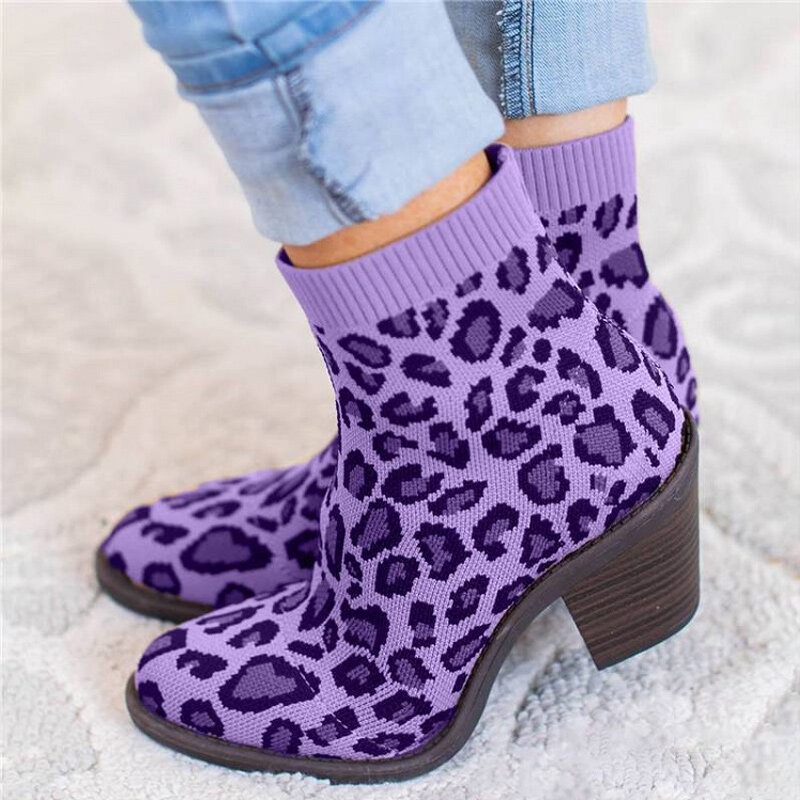 Plus Size Women Breathable Knitted Fabric Leopard Chunky Heel Short Boots