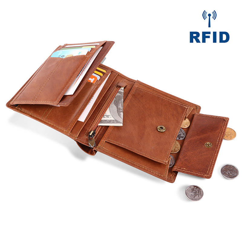 Men RFID Genuine Leather Tri-fold Multi-Position Short Walle