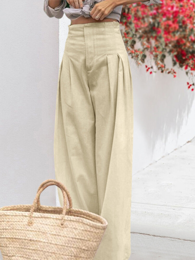 Women High Waist Solid Color Loose Pleated Casual Wide Leg Pants