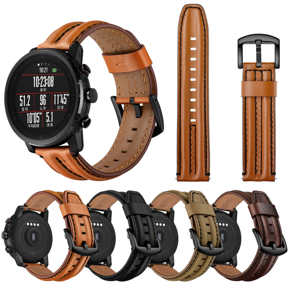 Bakeey 22mm first layer double keel genuine leather replacement strap smart watch band for amazfit smart sport watch 1/2s