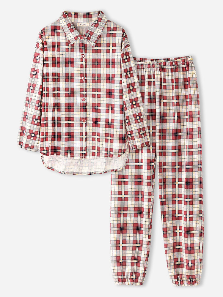 Dames Plaid Print Revers Hoog-laag Zoom Shirt Elastische Taille Broek Thuis Pyjama Set