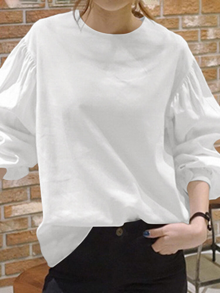 Puff Sleeve Solid Color Round Neck Zip Back Casual Blouses