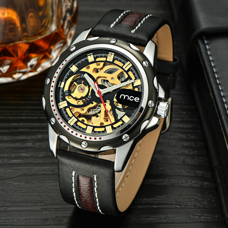 

Business Skeleton Dial Leather Strap Stainless Steel Case Men Automatic Mechanical Watch Wristwatch