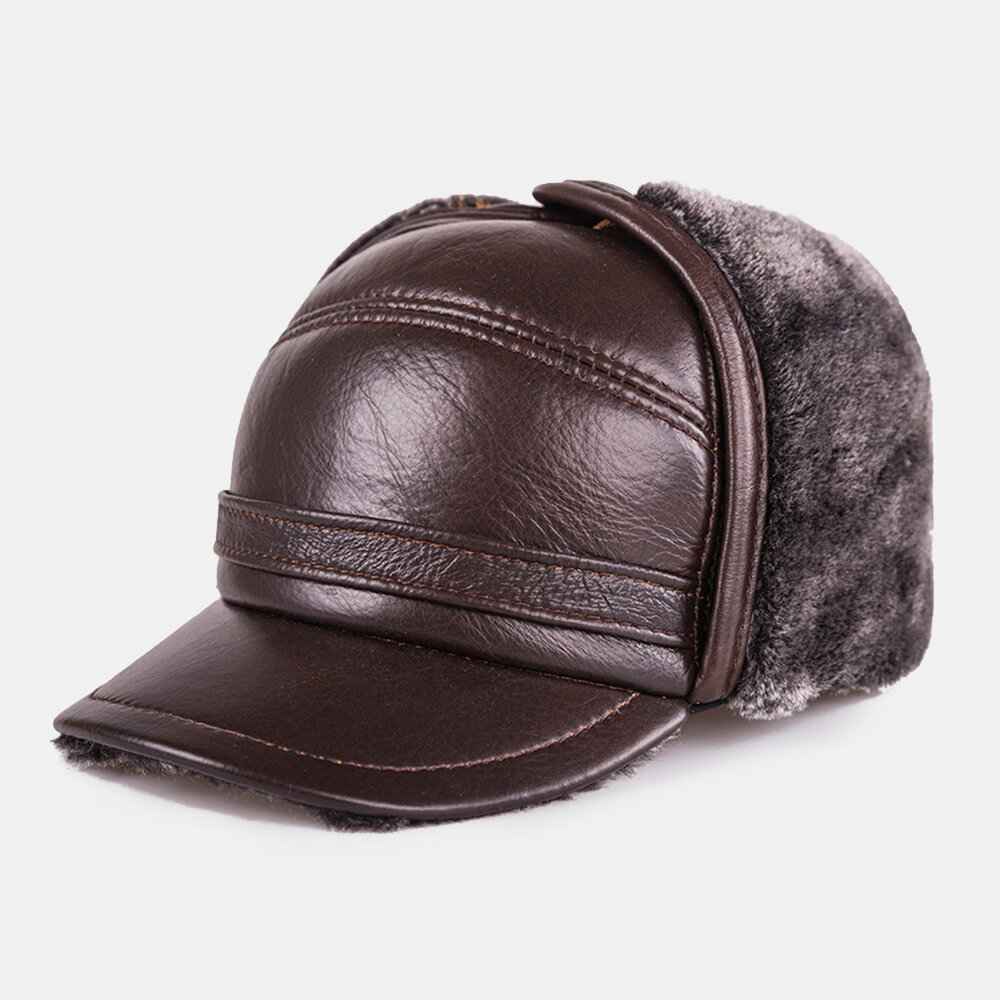 Men Genuine Leather Winter Thicken Warmth Baseball Cap Built-in Ear Protection Earmuffs Design Middl