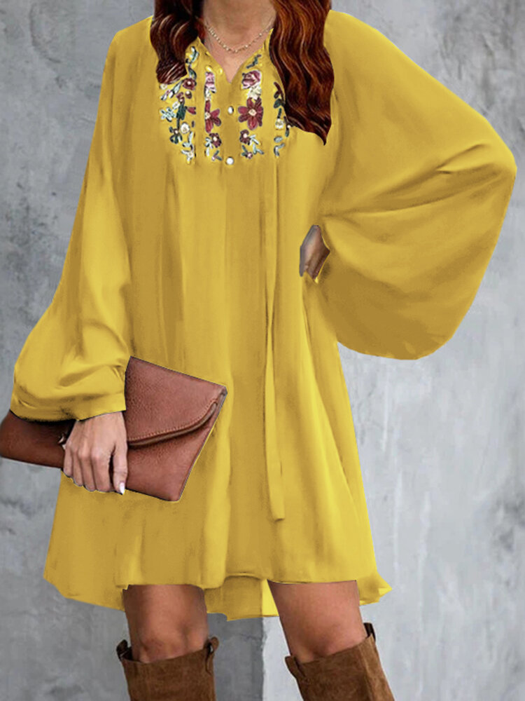 Flowers Embroidery Puff Sleeve Lace-Up Loose Bohemian Mini Dress For Women