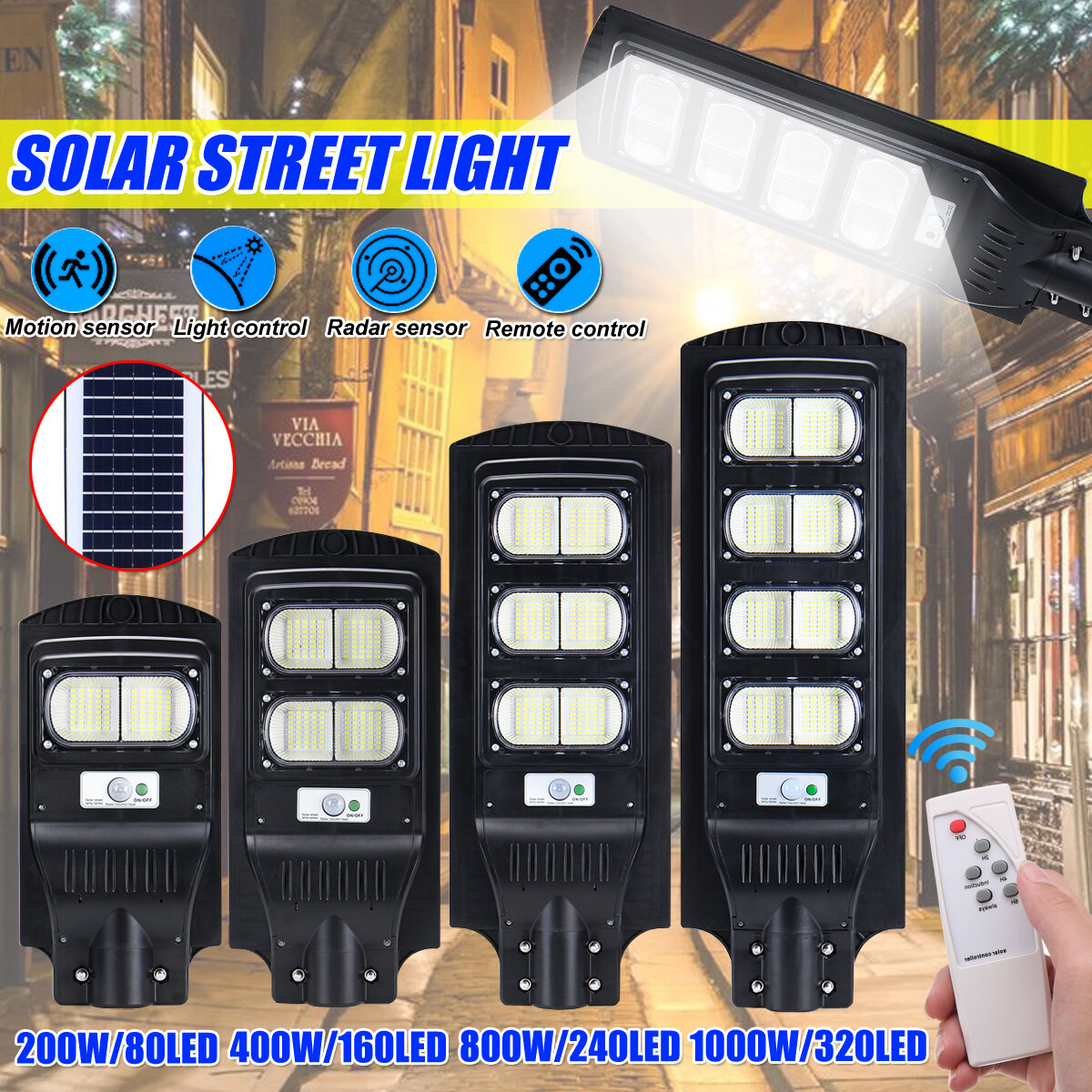 Solar Power 80/160/240/320LED Street Light Infrared Motion Sensor Outdoor Wall Lamp