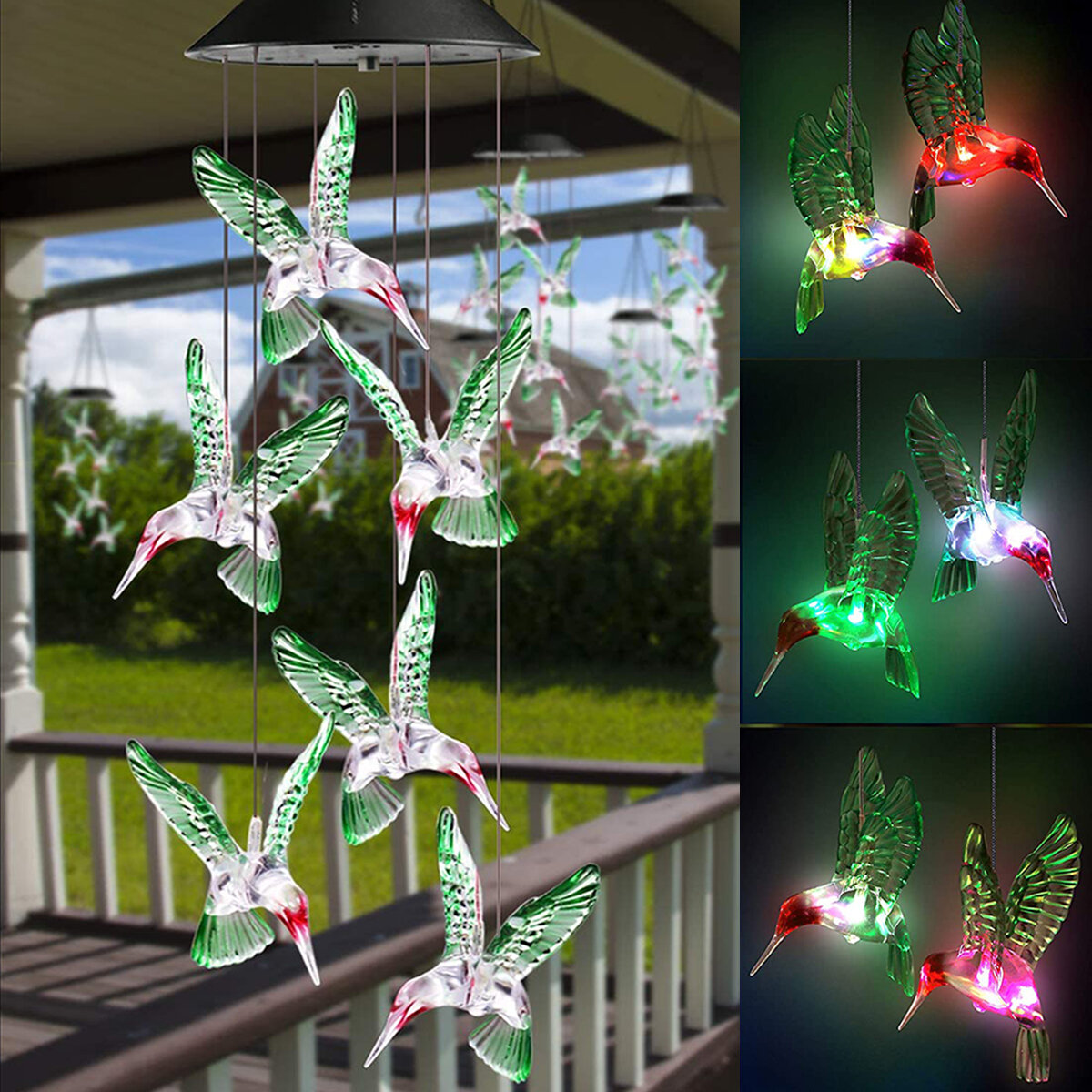 Kleur veranderende LED zonne-energie Lamp Hummingbird Wind Chime Light Hanging Decor