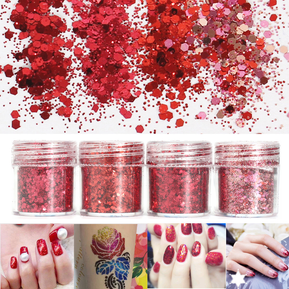 Red Nail Art Glitter Powder Sequins Decoration Tips 3D Mixed Dust
