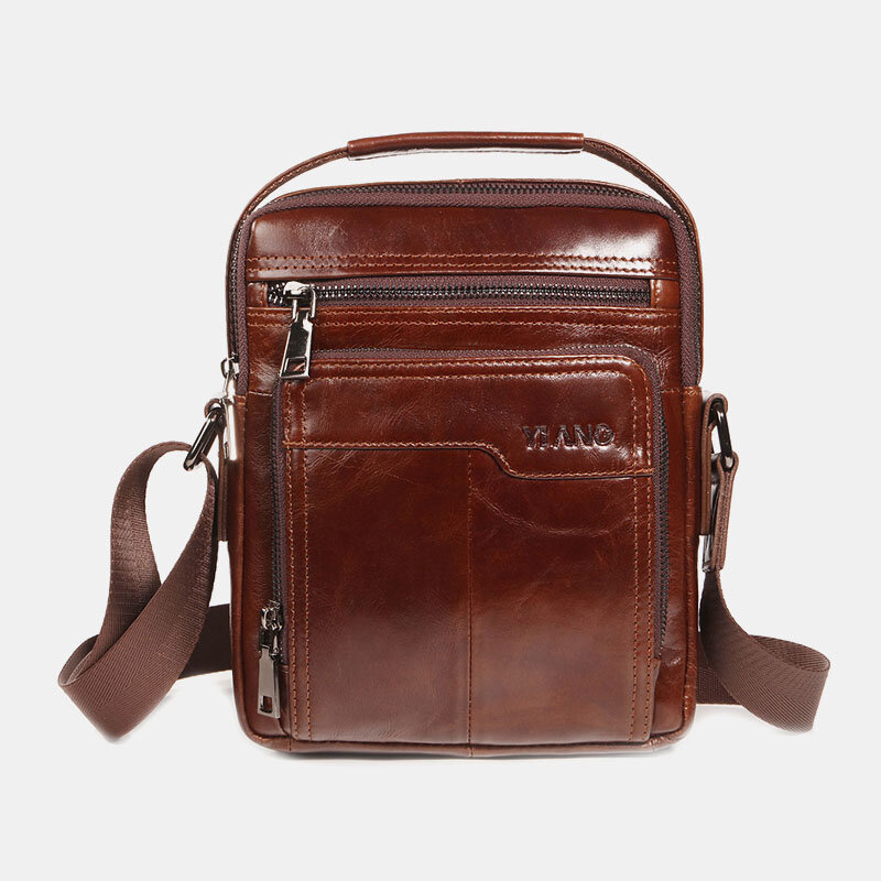 Men First Layer Cowhide Double Front Pocket 7.9 Inch Ipad Mini Messenger Bag Crossbody Bag Teacher Bag