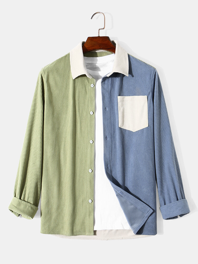 Mens Corduroy Contrast Patchwork Button Up Long Sleeve Shirts