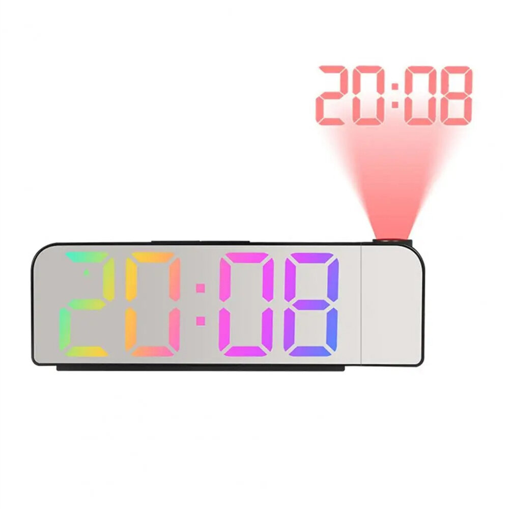 

Colorful LED Mirror Surface Digital Alarm Clock with 180 Degree Projection Adjustable Brightness /Indoor Temperature Dua