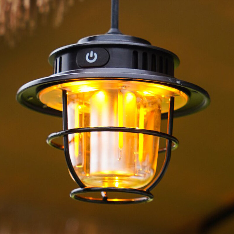 Linterna de camping retro LED multifuncional para exteriores con asa y gancho portátil para tienda de campaña