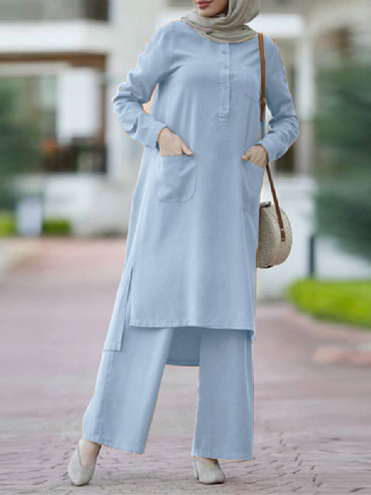 Women Solid Color Split Hem Front Pockets Casual Loose Two-Piece Set Kaftan Tunic