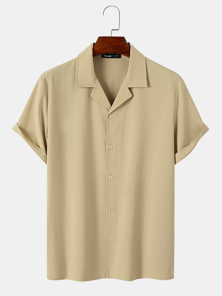 

Mens Solid Color Textured Revere Collar Daily Short Sleeve Shirts