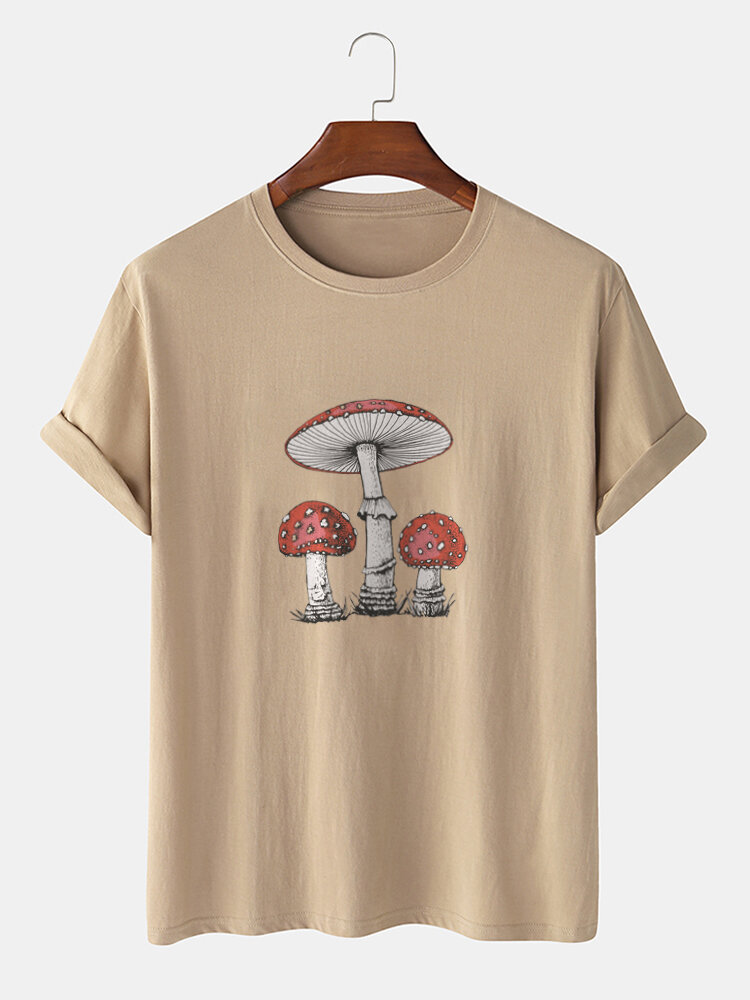 T-shirts met korte mouwen voor heren van 100% katoen met cartoon paddestoelprint